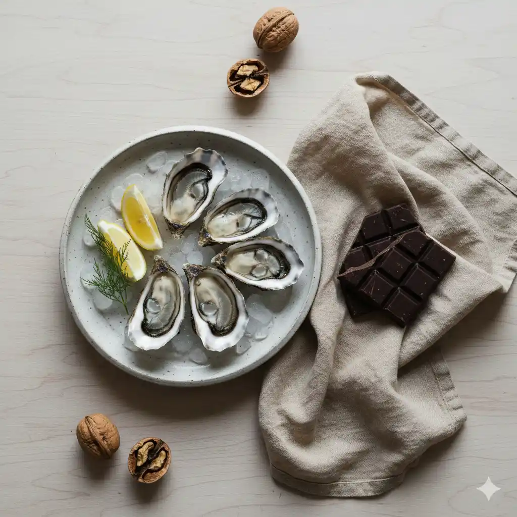 Table de fête épurée avec huîtres fraîches, chocolat noir et noix sur lin naturel.