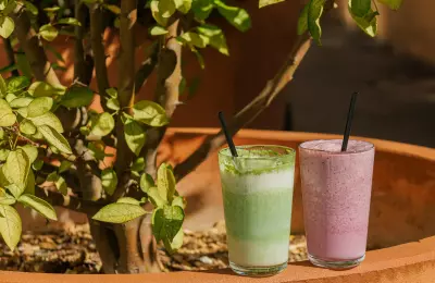 Smoothie vert et smoothie rose dans des verres sur un pot de fleurs en terrasse.